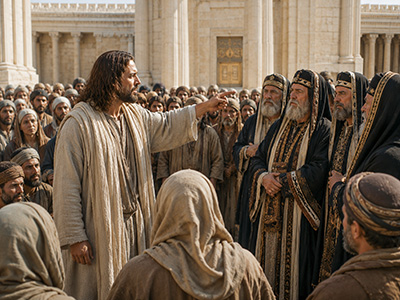 Jesus pronouncing woes on scribes and Pharisees.